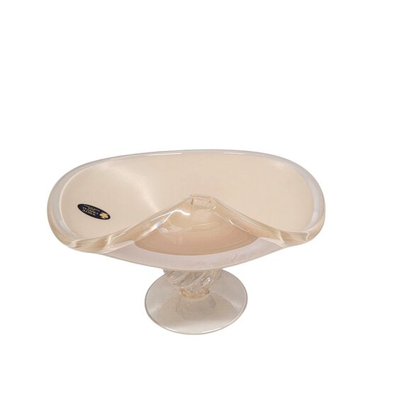 Murano Art Pedestal Wave Bowl White Crystal Italy Luster Creamy Glass 7 1/2